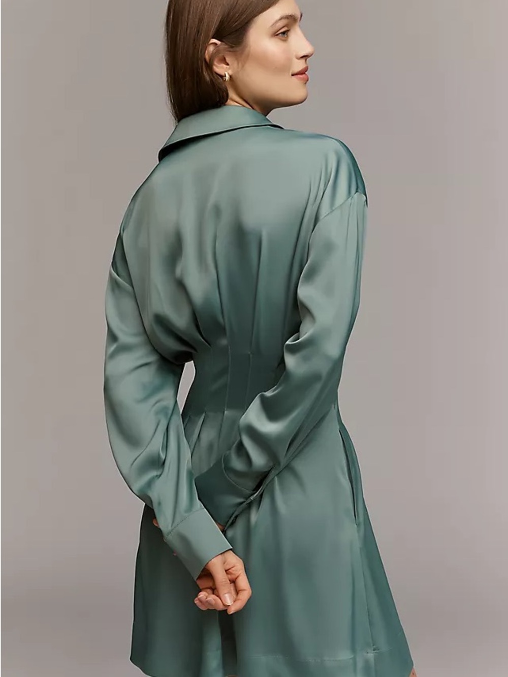 Anthropologie The Tobie Long Sleeve Satin Mini Shirt Dress by Exquise in sage - Picture 2 of 5
